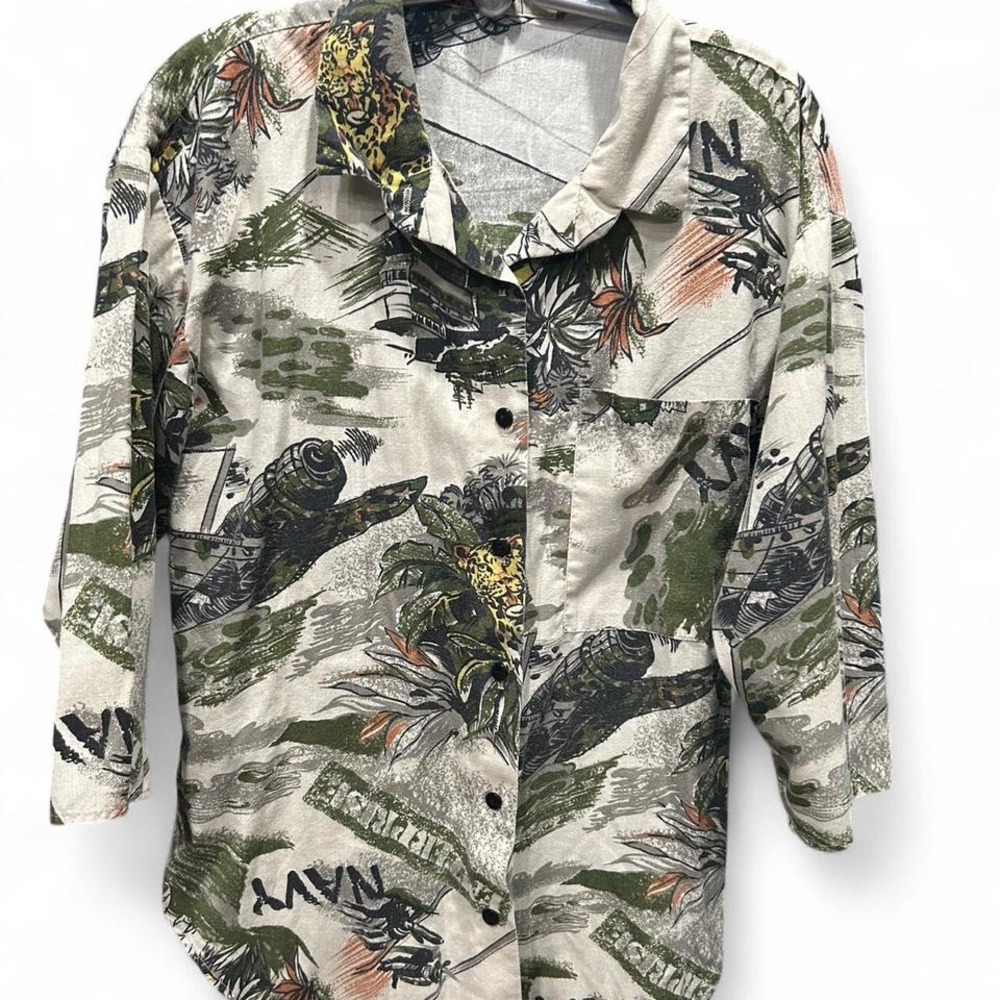 mens aop vintage 3/4 sleeve button up military print‎ size medium